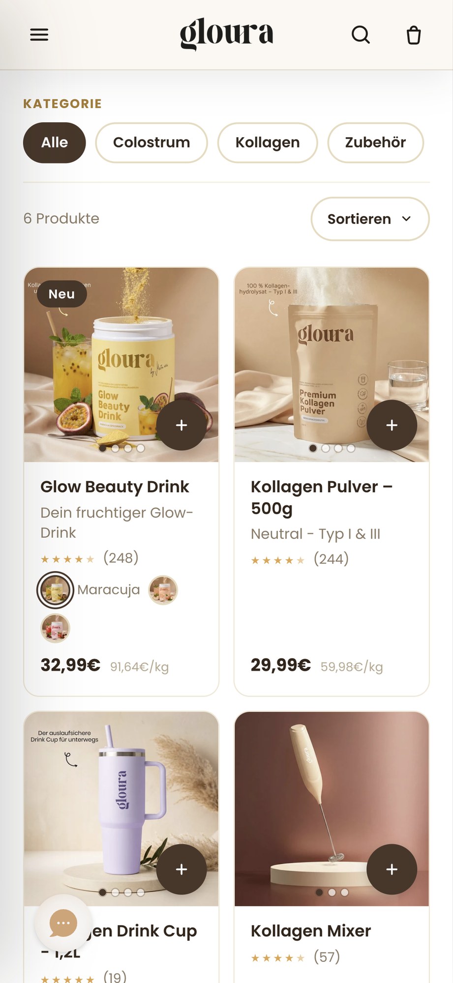 The gloura shop on mobile